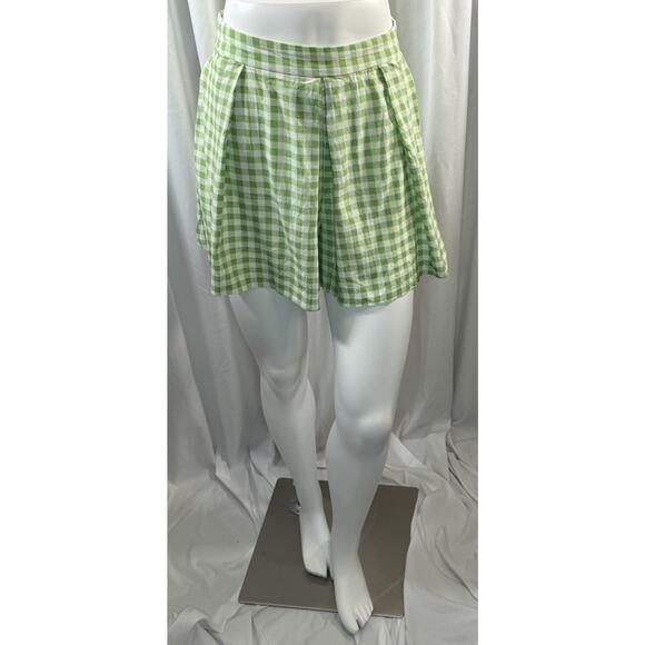 Zara Linen Blend Pleated Gingham Shorts, Green & White, Sz: XL, 82-01 - Picture 6 of 14